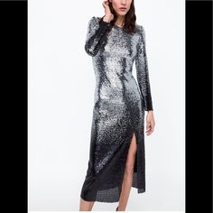 No Offers New With Tags Measurements Bust: 38” Total Length: 50.5” 0387/181 P692 Sequin Gown, Gown Dress, Zara Dresses, Gowns Dresses, Black Silver, Sequin, Long Sleeve Dress, Midi Dress, Zara