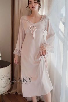 Lasaky - Charming Womens Vintage-Style Long Satin Lace Nightgown Sleepdress for Elegantly Comfortable Nights Long Sleeve Sleepwear With Lace Trim For Pajama Party, Long Sleeve Lace Trim Sleepwear For Sleepovers, Pink Long Sleeve Sleepwear For Night, Feminine Long Sleeve Nightgown For Home, Pink Long Sleeve Nightgown For Nighttime, Long Sleeve Lace Trim Sleepwear For Bedtime, Long Sleeve Lace Trim Sleepwear, Long Sleeve Nightgown With Lace Trim For Sleepover, Pink Long Sleeve Nightgown