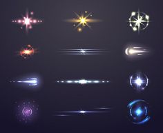 a set of glowing lights and stars on a dark background with lens flares in the center