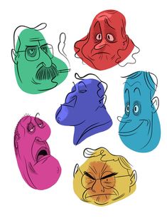 six different colored cartoon heads with faces