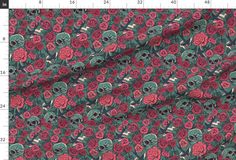 an image of skulls and roses on a green background with measurements for the width of the fabric