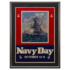 an old navy day poster is displayed in a black frame on a white background with red and blue border