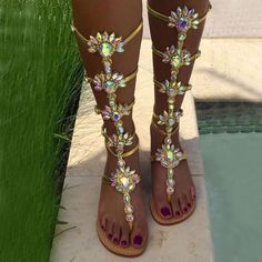 Roman Rhinestone Bling Knee High Sandals Flats Knee High Sandals, Woman Boots, Gladiator Shoes, Summer Sandals Flat, Crystal Beach, Crystal Sandals, Roman Sandals, Gladiator Heels, Rhinestone Sandals