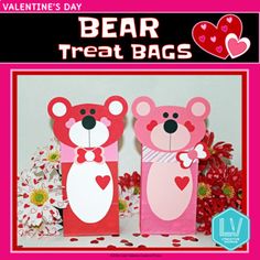 valentine's day bear treat bags are made from paper and have hearts on them