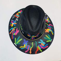 Otomí Hand-Painted Hats – Lolo - Modern Mexican Mercadito Beaded Hat Bands, Modern Mexican, Painted Hats, Painted Denim, Be Unique, Synthetic Materials, Hat Band, Hat Making, Beautiful Artwork