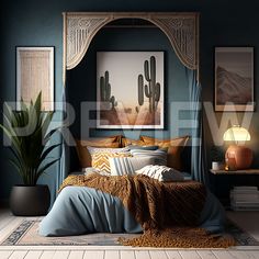 a bedroom decorated in blue and gold with cactus decorations on the wall above the bed