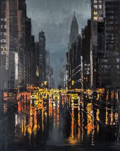 an oil painting of cityscape with buildings and street lights in the rain at night