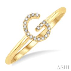 Wearing a piece of jewelry with initials on it is quite common. Initials can be one's own or that of a loved one. Also, initial rings, pendants and bracelets make a good gift item. If yours or a loved one's name starts with the initial 'G', this diamond fashion ring might just be an ideal choice. It features the letter 'G' at the center top of the ring. While the ring is plain gold, the initial 'G' is decorated with diamonds. There are 19 prong set round cut diamonds highlighting the alphabet fa G Letter Design, G Initial, Initial G, Initial Rings, G Ring, Trending Engagement Rings, First Meeting, Best Friend Necklaces, Letter Ring