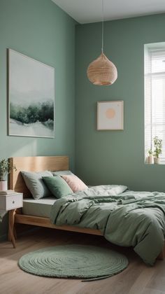 a bedroom with green walls and wood floors, a bed in the foreground is an oval rug on the floor