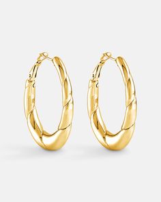 This is the product picture of elongated oval shape hoop earrings plated in gold in sterling silver material A Line Pattern, Chunky Hoop Earrings, Line Pattern, Earring Sale, Line Patterns, Ear Jewelry, Oval Shape, Shop Earrings, Jewelry Pieces