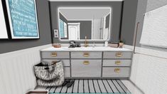 a bathroom scene with focus on the sink and mirror, along with an area rug