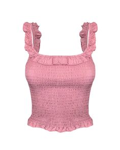 Ruffle straps and trim Woven smocking Stretchy Conforms to body Square neck Slip on True to size Full length fit (not cropped) 100% Rayon Square Neck Design, Dusty Pink, Neck Designs, Square Neck, Smocking, Crochet Top, Full Length, Slip On, Tank Top