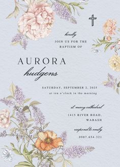 an image of a wedding card with flowers on the front and back, in pastel blue