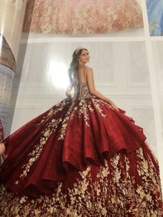 Maroon Quinceanera Dresses With Gold, Red And Gold Ball Gown, Quinceanera Dresses Maroon, Mariachi Quinceanera Dress