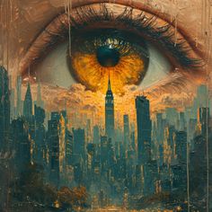 an eye looking at the city with skyscrapers in the background and yellow eyeshade