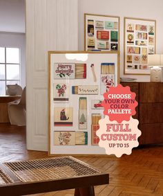 a room with pictures on the wall and a table in front of it that says choose your own pallet full custom up to 15