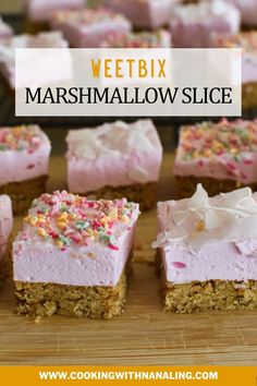 there are many small pieces of cake on the cutting board with text overlay that says weetbix marshmallow slice