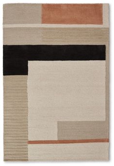 an area rug with different colored squares and lines on it, including black, white, beige