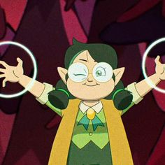 a cartoon character with his arms outstretched and hands out in front of him, holding two circles