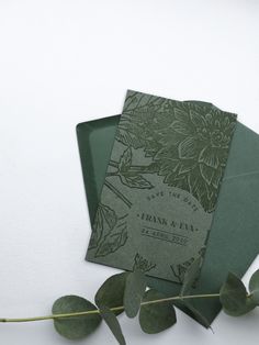 two green envelopes sitting next to each other on top of a leafy branch