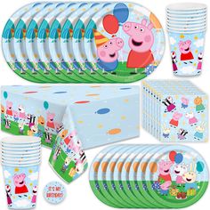 peppa pig party supplies including plates, cups and napkins