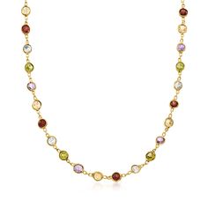 Ross-Simons - 10.70ct t. w. Bezel-Set Multi-Gemstone Necklace Over Sterling. 18". A cheerful strand of rainbow jewels at a price that may surprise you. This necklace lines up 10.70 ct. tot. gem wt. bezel-set amethyst, citrine, garnet, blue topaz and peridot rounds on a classic 18kt yellow gold over sterling silver cable chain. Lobster clasp, multi-gemstone necklace. Multi Gemstone Necklace, Peridot Stone, Gem Necklace, Citrine Stone, Green Peridot, Gem Stones, Jewelry Diamond, Timeless Jewelry, Fine Jewellery Necklace