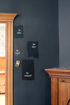 the walls are painted with black chalk and wooden trim