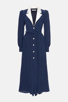 POLKA DOT PRINT DRESS WITH MIKADO COLLAR AND BELT – Alessandra Rich Alessandra Rich Dresses, Rich Dresses, Casual Gowns, Dot Print Dress, Royal Dresses, Royal Outfits, Modern Outfits, Cafe Food