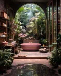 a bath tub sitting in the middle of a bathroom surrounded by lush green plants and rocks