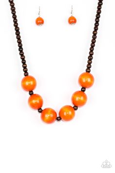 Brown wooden beads are threaded along shiny brown cording. Brushed in a vivacious finish, dramatic orange wooden beads alternate below the collar for a bold summer look. Features a button loop closure. Paparazzi Accessories are all Sold as one individual necklace. Includes one pair of matching earrings. P2SE-OGXX-172XX !! Orange Necklace, Wooden Bead Necklaces, Sister Jewelry, Beaded Jewels, Wood Bead Necklace, Independent Consultant, Wooden Necklace, Wood Necklace, Paparazzi Accessories