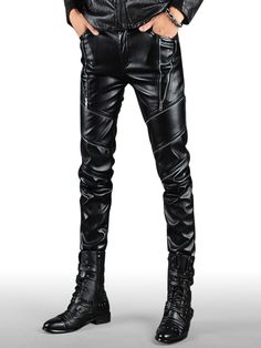 Black Stretch Leather Straight Pants, Trendy Black Straight Leather Pants, Black Stretch Leather Pants With Belt Loops, Masculine Outfits, Jogger Pants Style, Custom Cowboy Boots, Printed Jogger Pants, Lycra Men, Cheap Mens Fashion