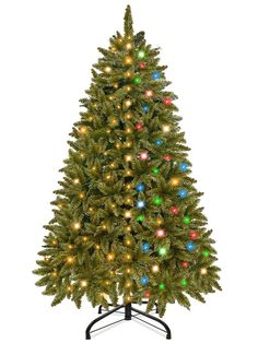 a green christmas tree with multicolored lights and a black stand on an isolated white background