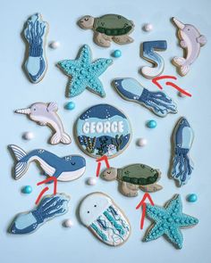 decorated cookies are arranged in the shape of sea animals and fish on a blue background