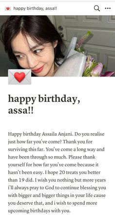 a woman holding a bouquet with the words happy birthday, assa on it's page