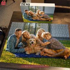 two pictures of people and a dog on a piece of jigsaw puzzles