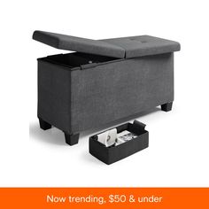 an ottoman with storage underneath it and the words now trending, $ 50 & under