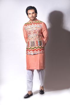 Kurta pajama jacket set beautifully embroidered silk jacket paired with silk kurta pajama Spring Outerwear With Resham Embroidery In Straight Kurta Style, Traditional Designer Outerwear For Spring, Traditional Spring Designer Outerwear, Traditional Spring Outerwear, Spring Nehru Jacket With Dabka Work, Festival Straight Kurta With Chikankari Embroidery, Festive Chikankari Embroidered Straight Kurta Outerwear, Chikankari Embroidery Straight Kurta For Festivals, Traditional Nehru Jacket With Dabka Work For Spring