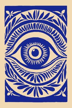 an eye is shown in the middle of a blue and white pattern on a beige background