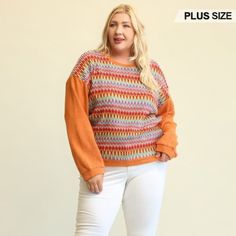 Elevate Your Wardrobe With Our Novelty Knit And Solid Knit Mixed Loose Top In The Warm And Inviting Pumpkin Shade. This Loose And Comfortable Top Features A Unique Blend Of Novelty Knit And Solid Knit, Creating A Stylish Contrast. With Drop-Down Shoulders, It Effortlessly Combines Comfort And Fashion For A Trendy And Versatile Look. Key Features: 1. Fabric: Crafted From 100% Polyester, Ensuring A Soft And Comfortable Feel Against The Skin. 2. Fit: Available In Xl, 1xl, And 2xl Sizes, Offering A Orange Textured Knit Sweater, Multicolor Pointelle Knit Sweater, Multicolor Pointelle Knit Top, Loose Top, Comfortable Tops, Loose Tops, Body Types, Design Features, Color Options