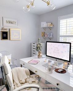 an instagram page with a white desk and chair in front of a computer monitor