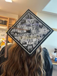 a graduation cap decorated with photos and words