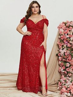 Red  Collar Short Sleeve Sequins Plain Fitted Embellished Non-Stretch  Weddings & Events Prom Dress Styles For Plus Size, Red Prom Dresses Plus Size, Elegant Formal Dresses Plus Size, Red Plus Size Prom Dresses, Plus Size Dresses To Wear To A Wedding, Red Dress Plus Size, Plus Size High Fashion, Dresses For Graduation, Plus Size Maternity Dresses