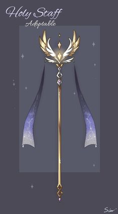 an image of a golden staff with purple and white wings on the side, against a dark background