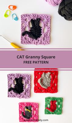 four crocheted squares with the text cat granny square free pattern on top and below