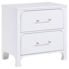 a white nightstand with two drawers on each side