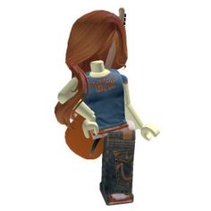 a female lego figure holding a guitar in her hand and wearing a blue shirt with orange writing on it