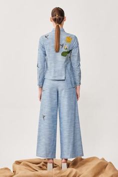 Shop for Shahin Mannan Blue Chambray Embroidered Shirt And Pant Set for Women Online at Aza Fashions Shahin Mannan, Bird Shirt, Shirt Pant Set, Pant Set For Women, Blue Lotus, Bird Embroidery, Humming Bird, Chambray Shirt, Floral Motifs