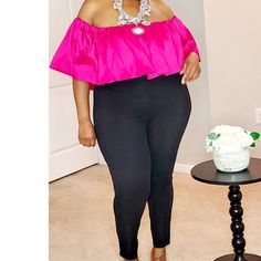 Black Bottom And Pink Off The Shoulder Jumpsuit Trendy Pink Jumpsuits And Rompers For Brunch, Pink Stretch Jumpsuits And Rompers For Day Out, Chic Pink Jumpsuits For Night Out, Off The Shoulder Jumpsuit, Black Bottom, Pink Jumpsuit, Black And Pink, Black Bottoms, Pink Black