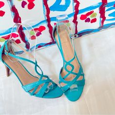 Talbots Turquoise Leather Sandals Brand New No Original Box Beautiful For Spring And Summer Comfortable Heel Height Smoke Free House Pet Free House Blue Low Heel Sandals With Removable Insole, Summer Turquoise Ankle Strap Heels, Blue Low Heel Sandals With Heel Strap, Turquoise Ankle Strap Heels For Summer, Turquoise Ankle Strap Heels For Party, Chic Turquoise Open Toe Sandals, Blue Strappy Sandals For Evening, Blue Strappy Sandals For Formal Occasions, Blue Strappy Evening Sandals