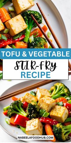 tofu and vegetable stir fry recipe on a plate with chopsticks